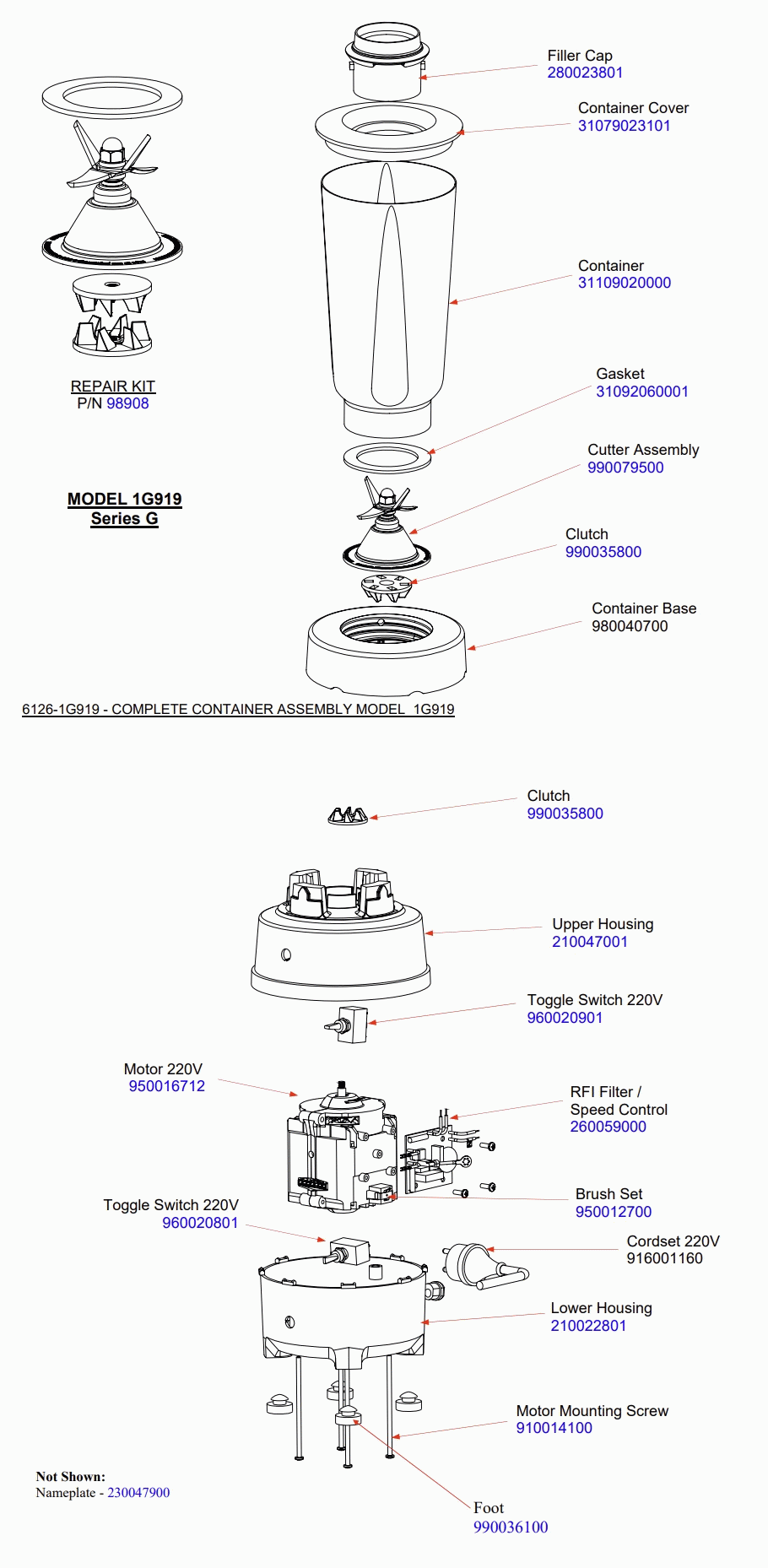 Diagram Diagram and Parts List for 1G919-G  Hamilton Beach Blender